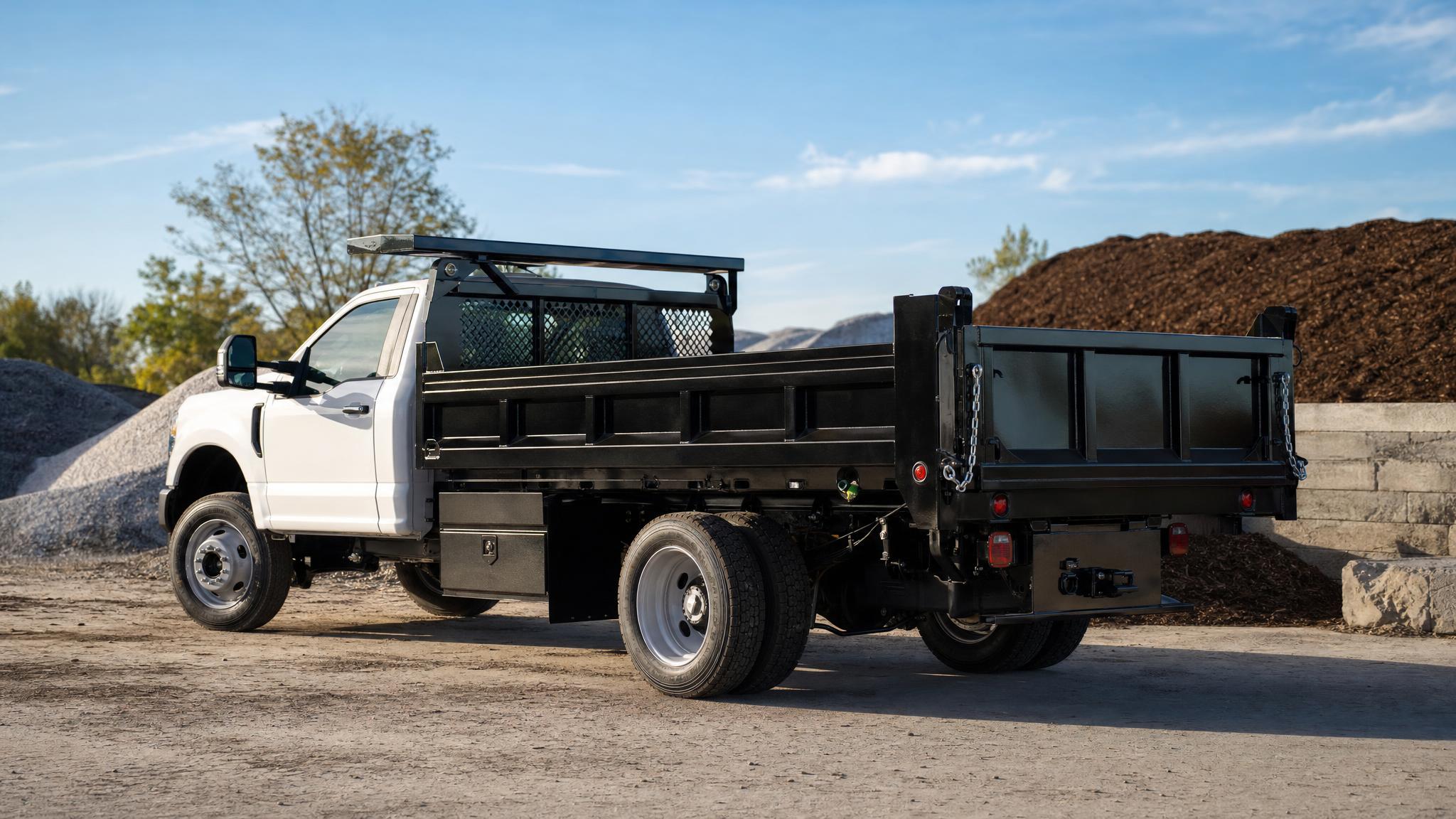 White cab-chassis with a black steel dump body