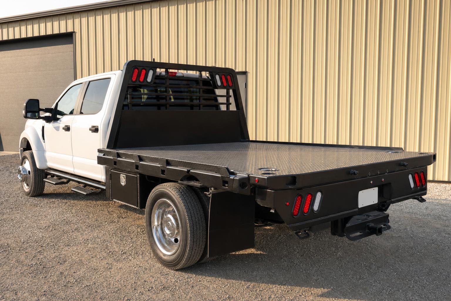 White crew-cab truck with a steel flatbed and headache rack
