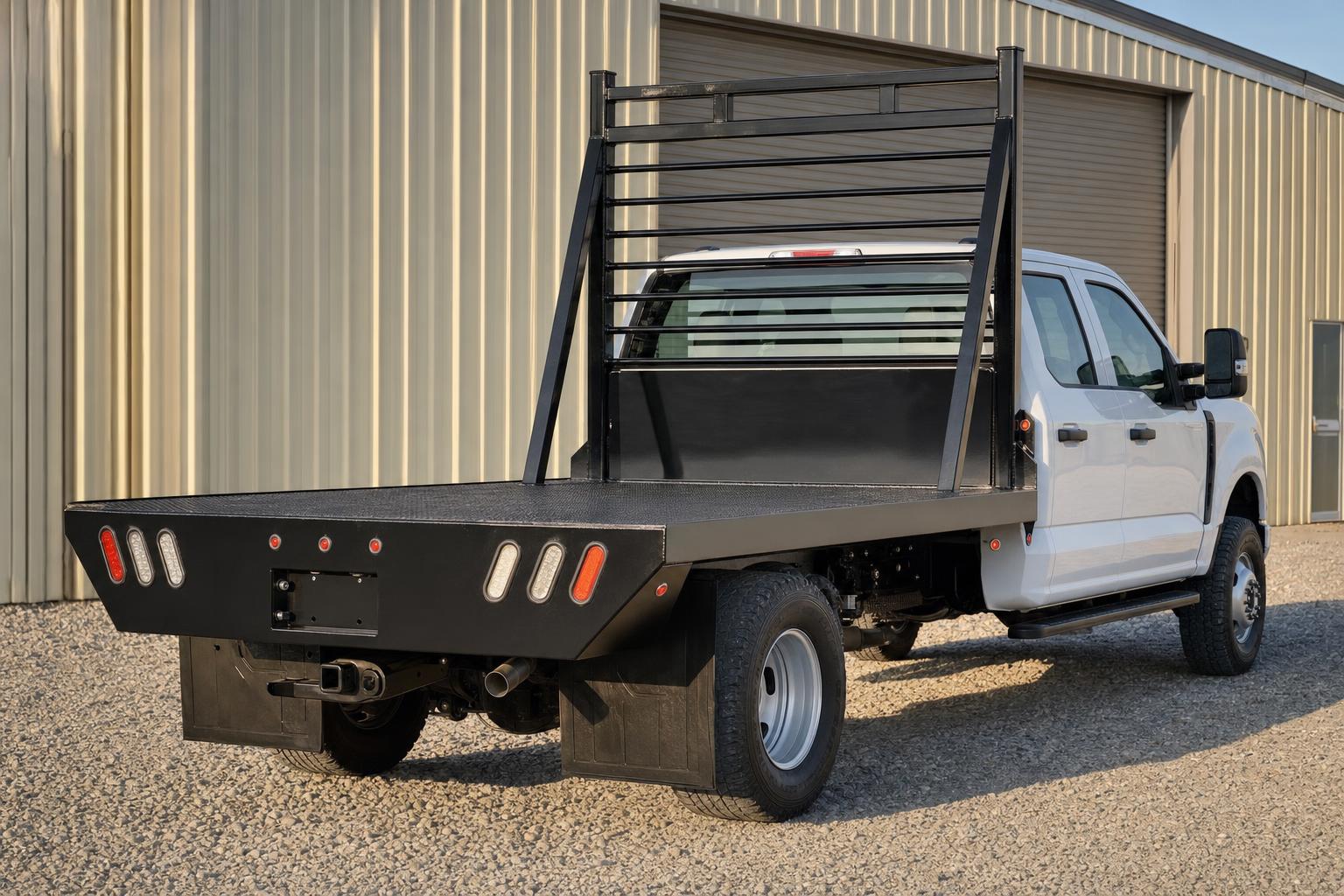 Tall black headache rack on a white flatbed truck